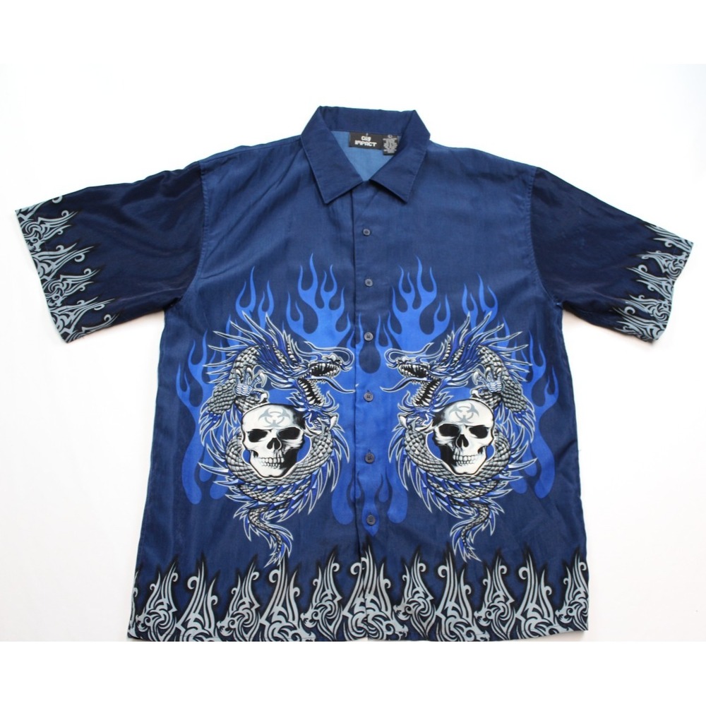 City Impact Men's Blue Dragon Skull Flames Graphic Button-Up Shirt Large y2k